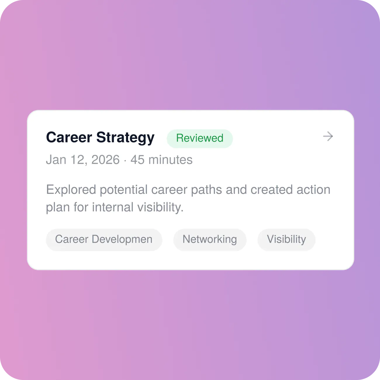 Reviewed session summary for a career strategy session, tagged with its key themes