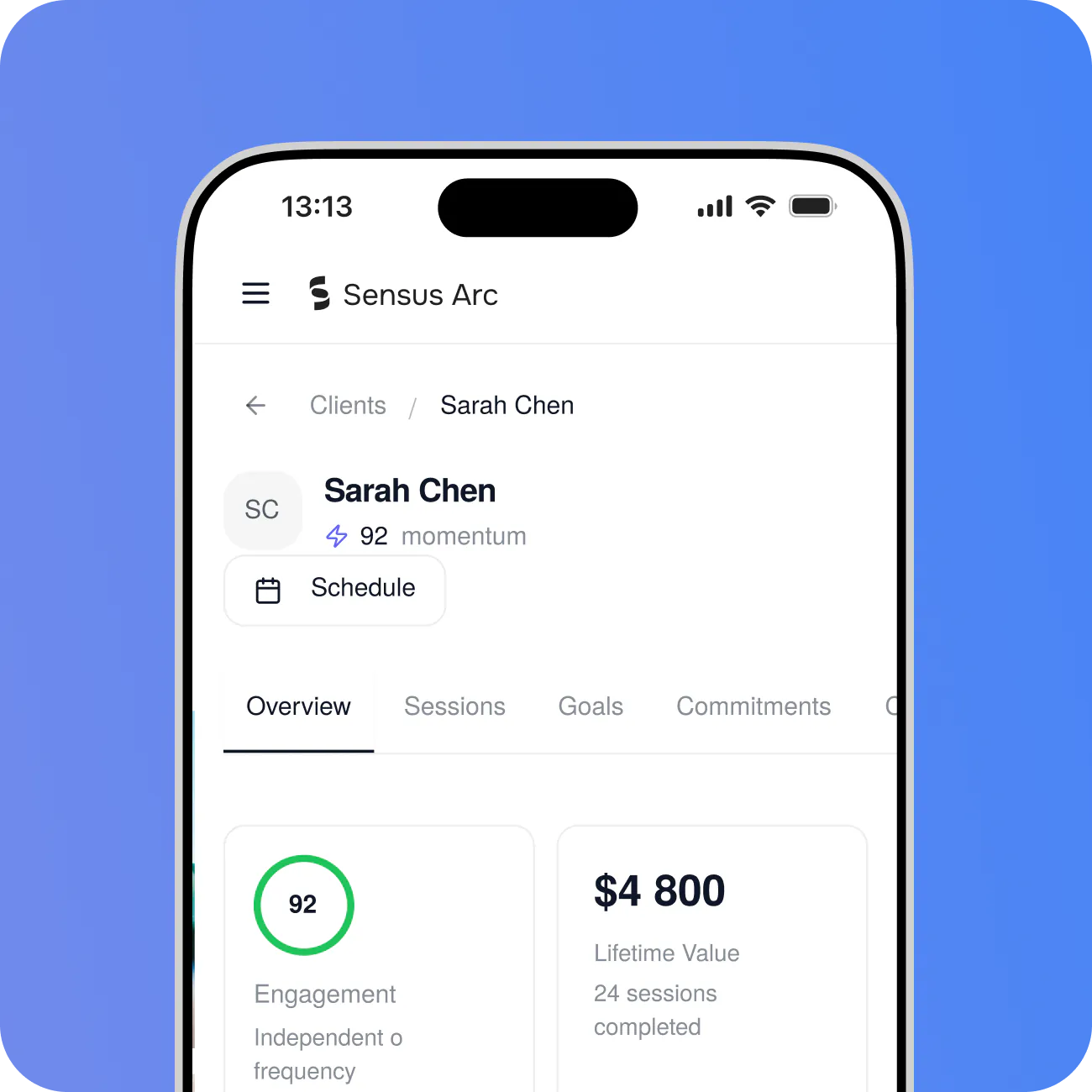 Client profile on a phone showing engagement, lifetime value, and session history